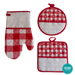 Ready to Cross Stitch Potholders and Oven Glove - Red Squares and Hearts